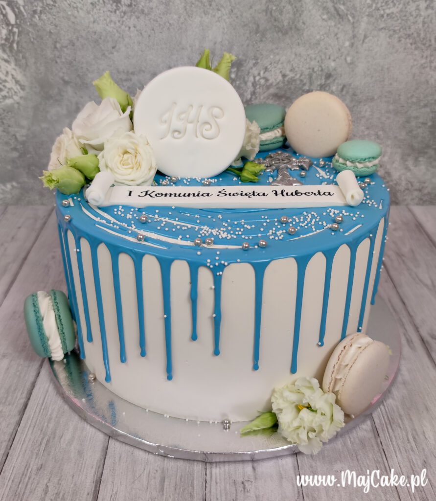 Tort komunijny z dripem, makaronikami i dekoracją IHS - obrazek 2