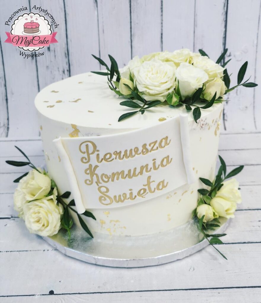 Tort komunijny semi naked z kwiatami i napisem - obrazek 2